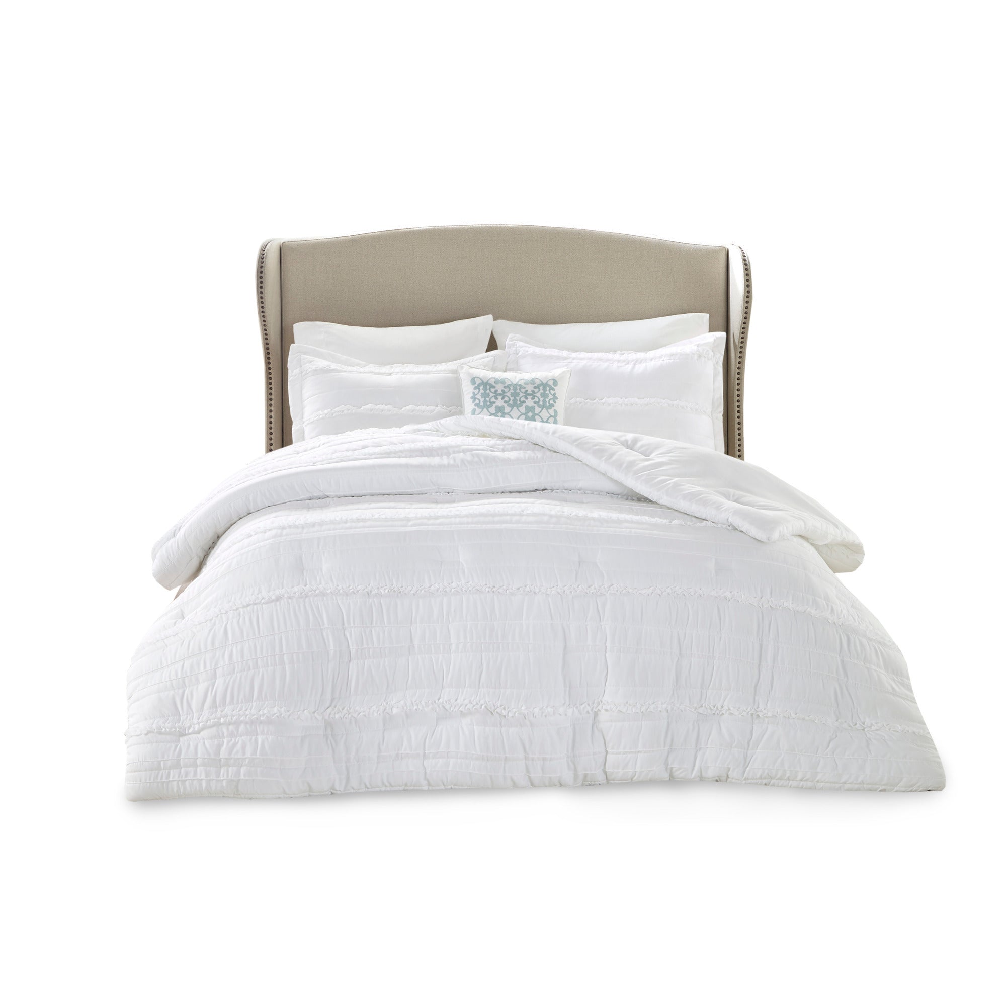 5 Piece Microfiber Ruffled Comforter Set White Queen