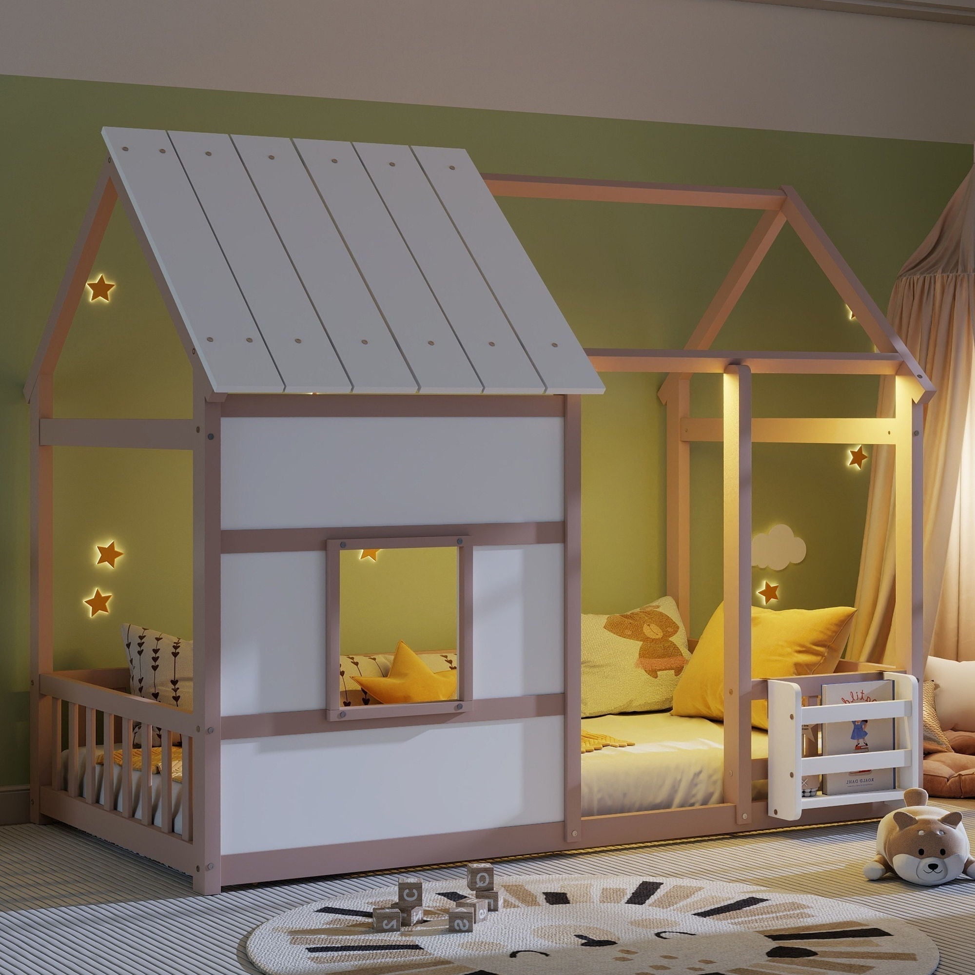 House Floor Bed With 7 Color LED Light, Built In Bookshelf