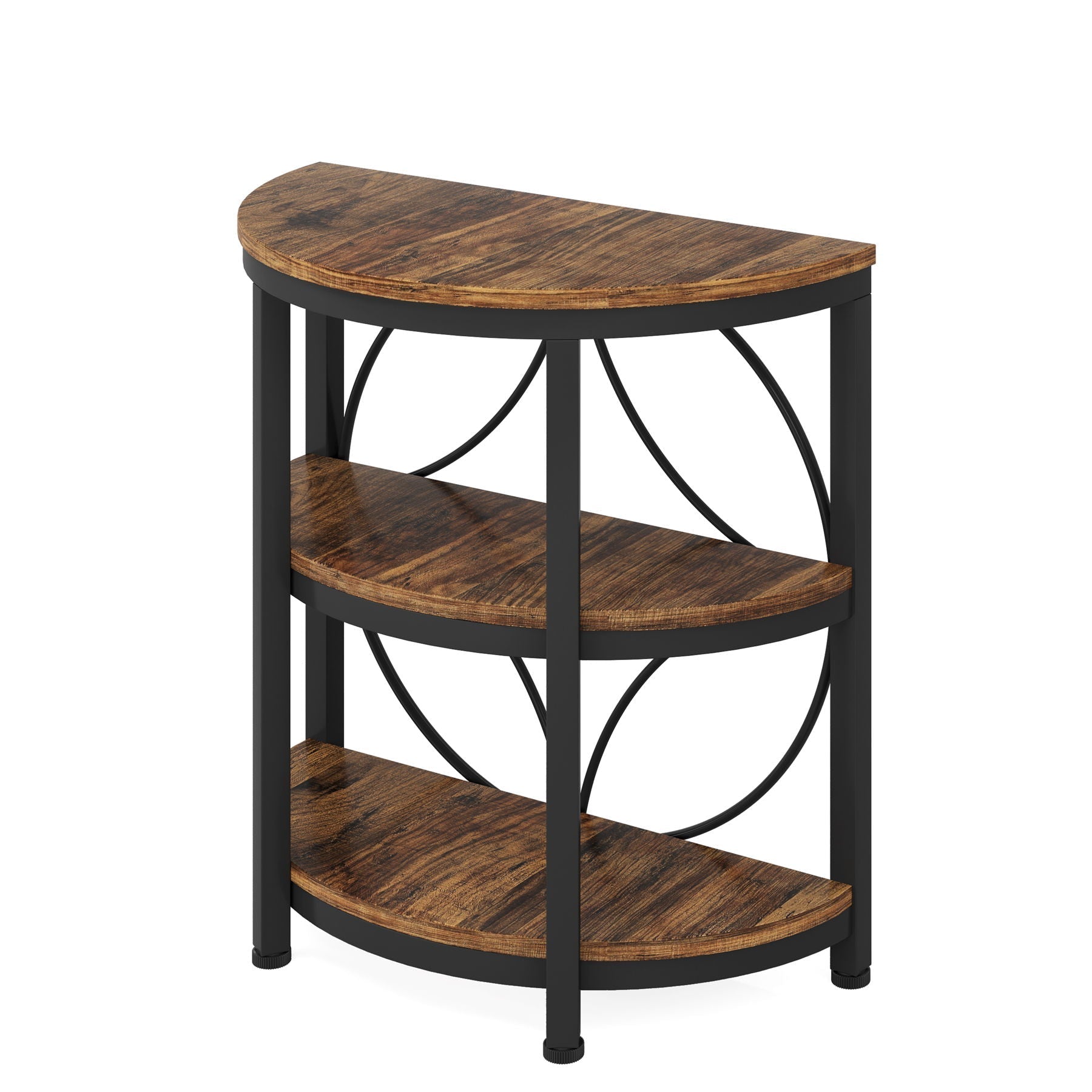 3 Tier Half Moon End Table, Space Saving Semi Circle - Deep Rustic Brown