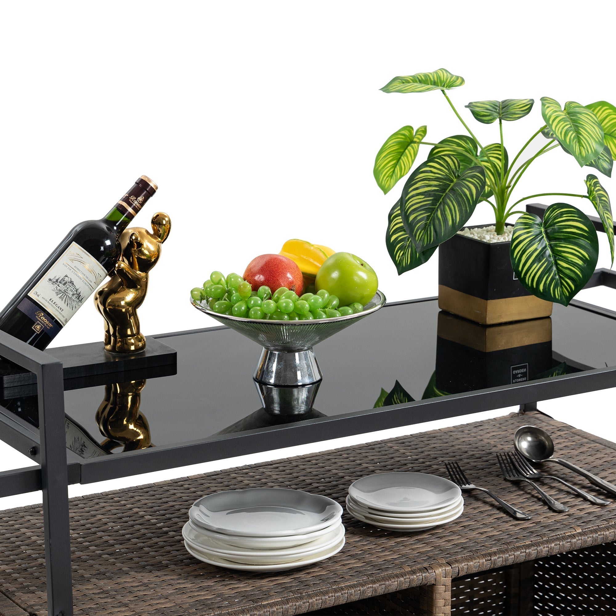 Outdoor Wicker Bar Cart with Glass Top and Wheels