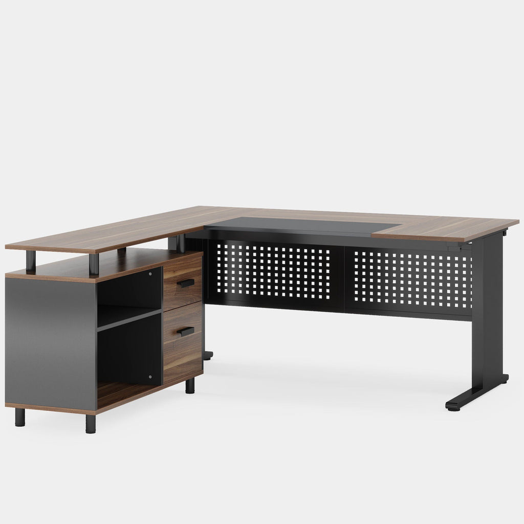 L-Shaped Executive Desk With File Cabinet, Office Workstation With Drawers, Shelves & Storage