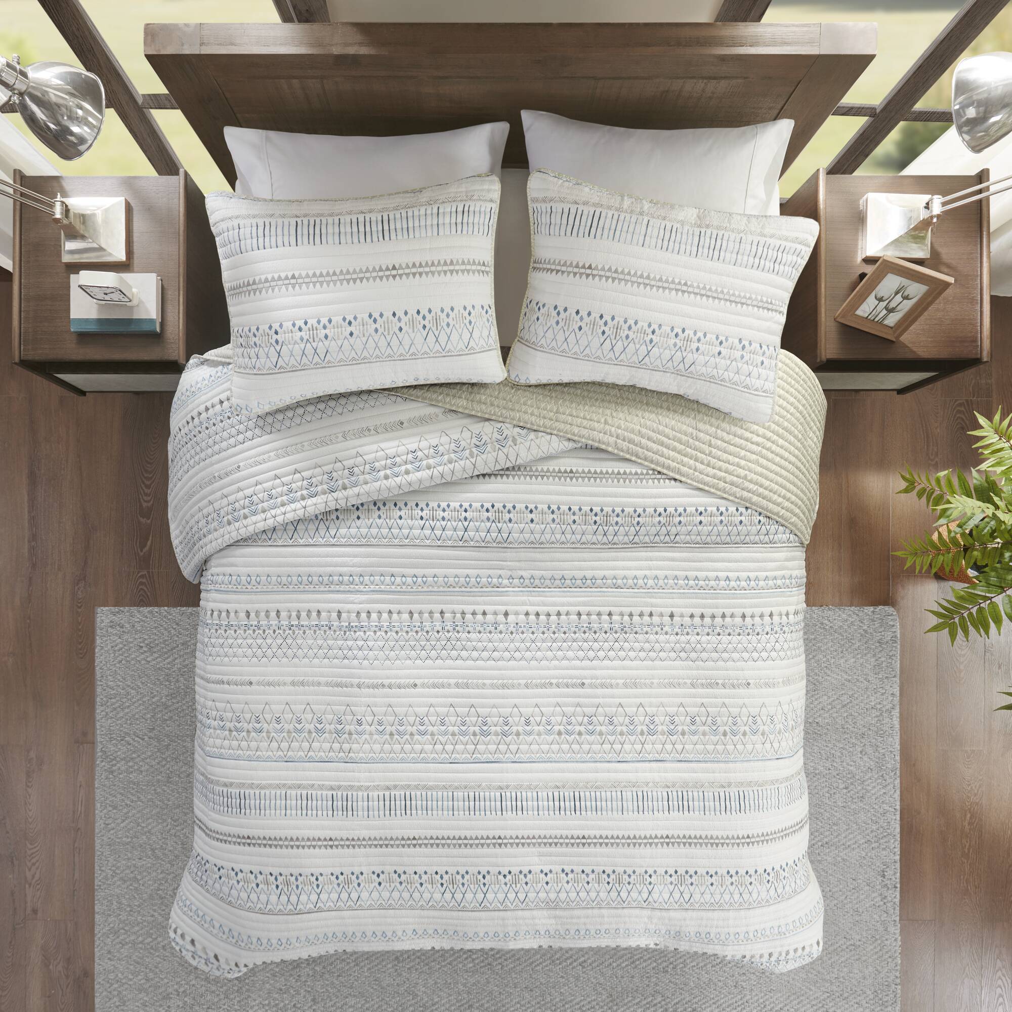 3 Piece Seersucker Quilt Set Taupe Blue King Cal King