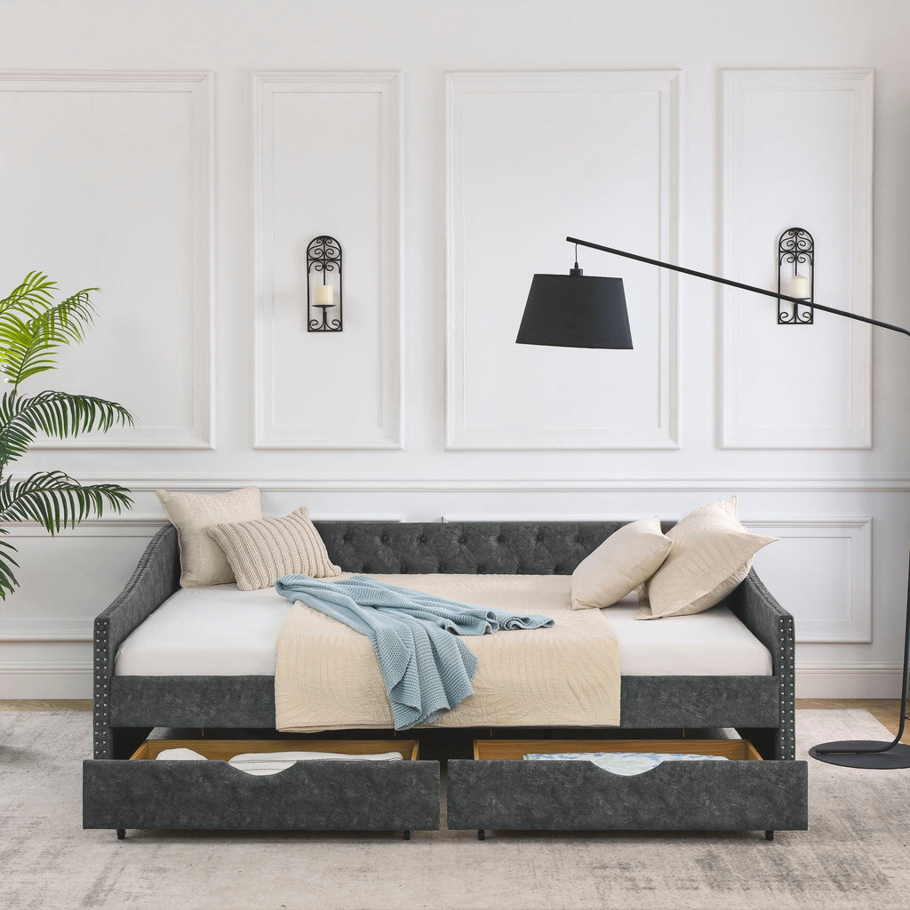 Upholstered Tufted Daybed With Drawers, Waved Arms
