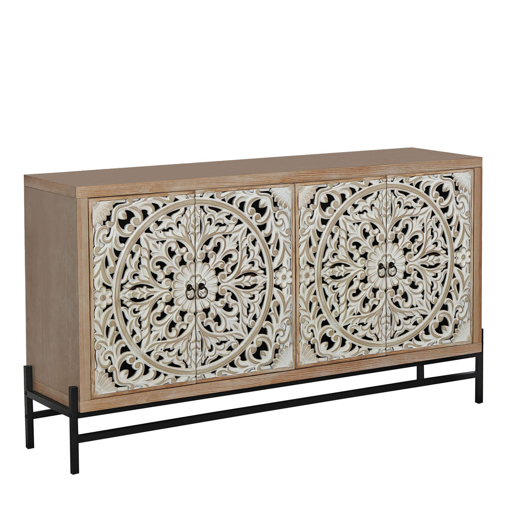 4 Door Wood Cabinet, Vintage Carved Wood with Metal Base