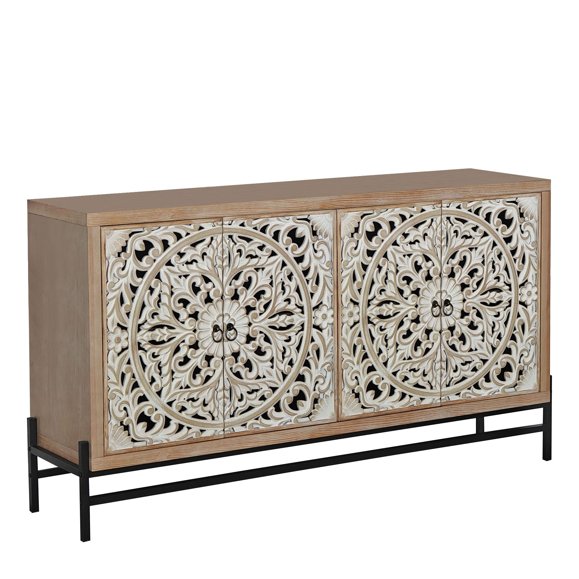 4 Door Wood Cabinet, Vintage Carved Wood with Metal Base