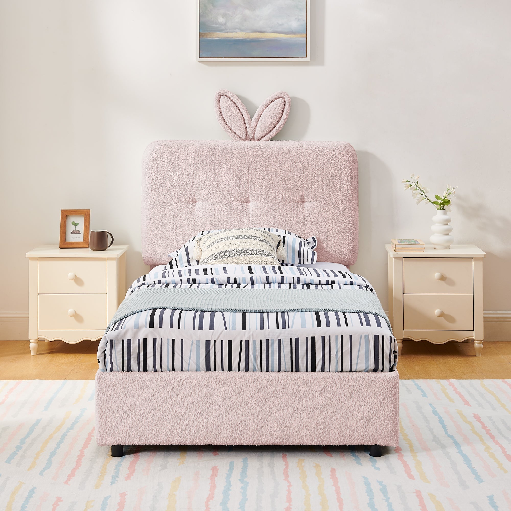Twin Size Kids Upholstered Bed with Oversized Rabbit Ear Headboard