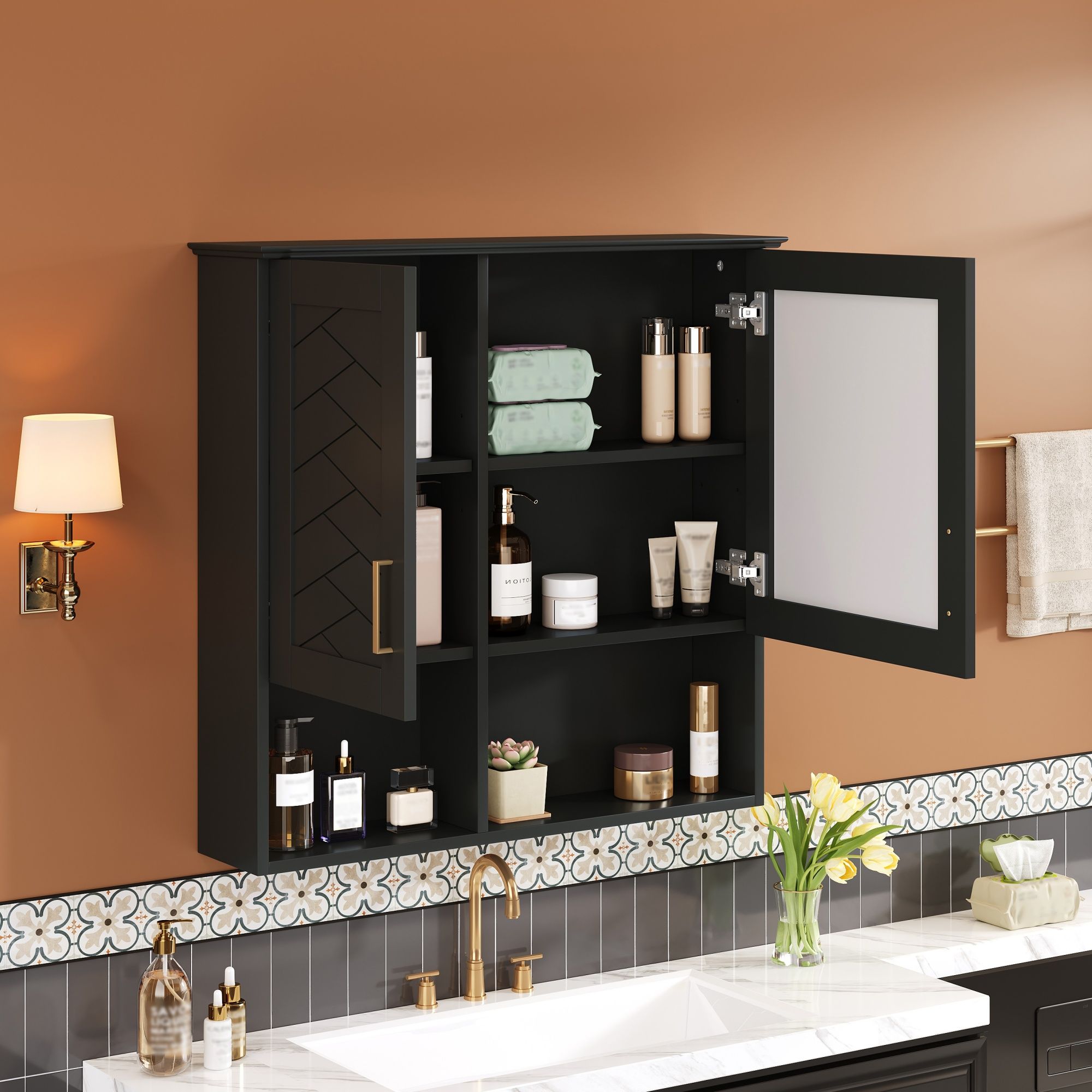 2 In 1 Wall-Mounted Mirror Cabinet With Adjustable Shelves