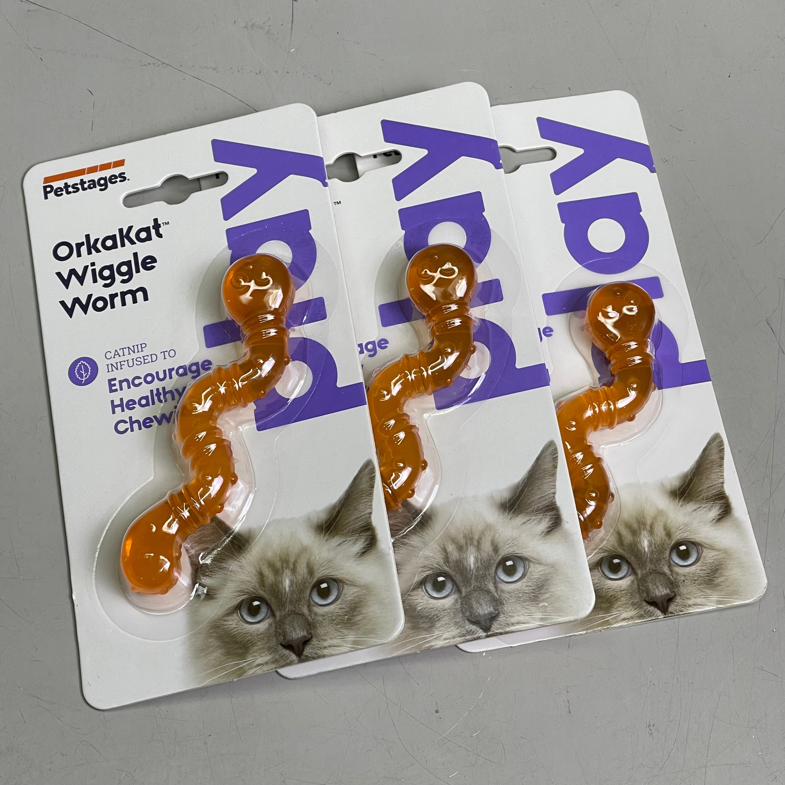 PETSTAGES (3-PACK) Orkakat Wiggle Worm Chew Toy Catnip Dental Orange 329