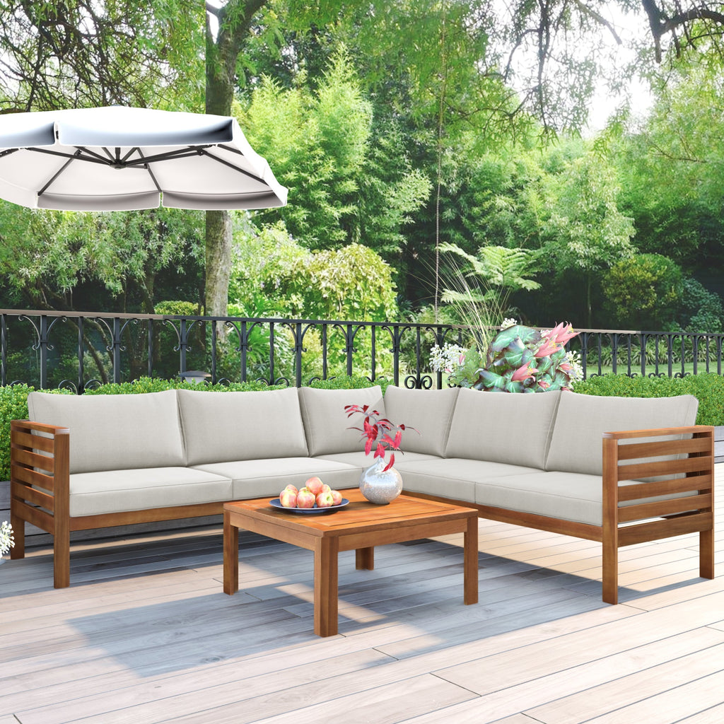 Wood Structure Outdoor Sofa Set with Beige Cushions