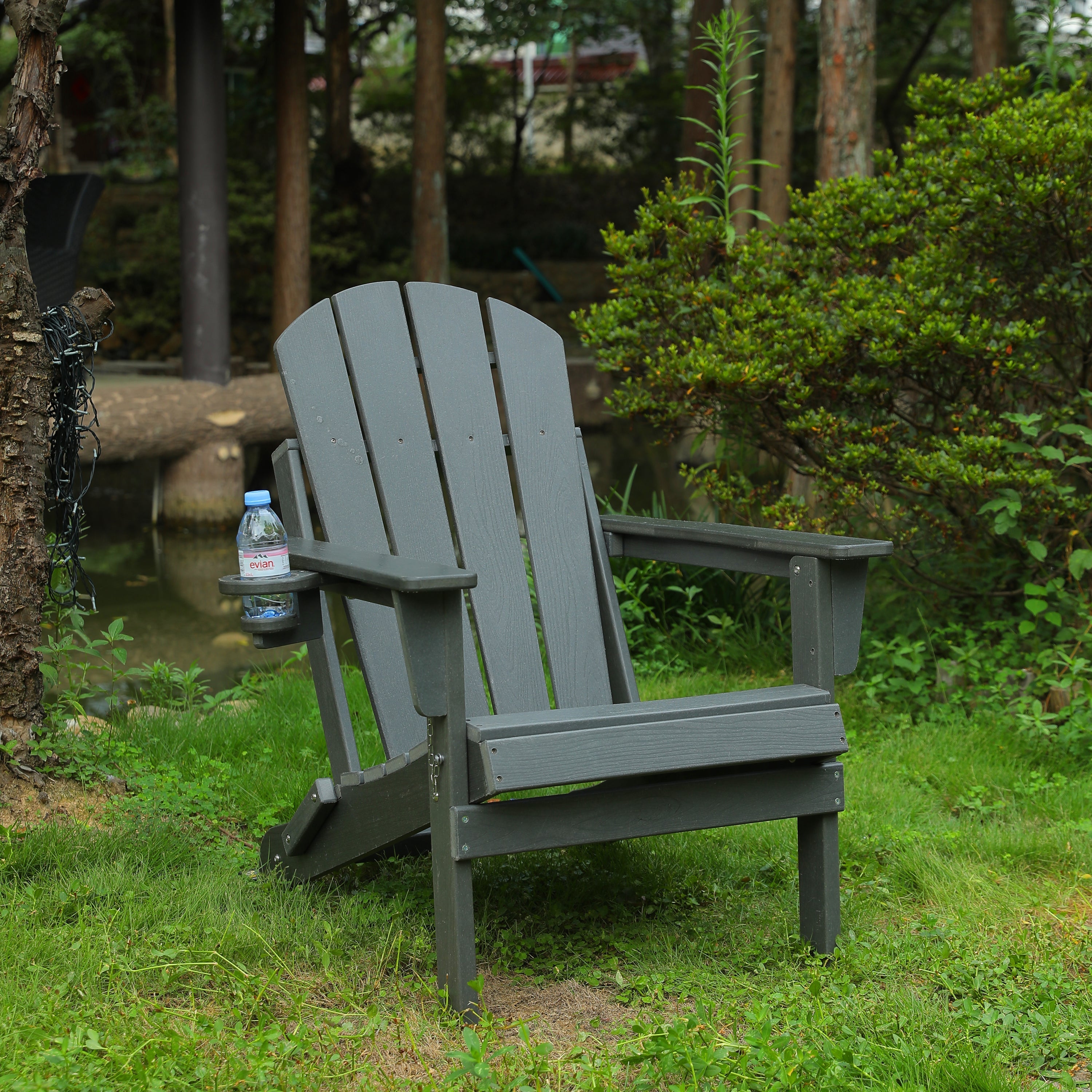 HDPE Folding Adirondack Chair with Dual Cup Holder - Gray
