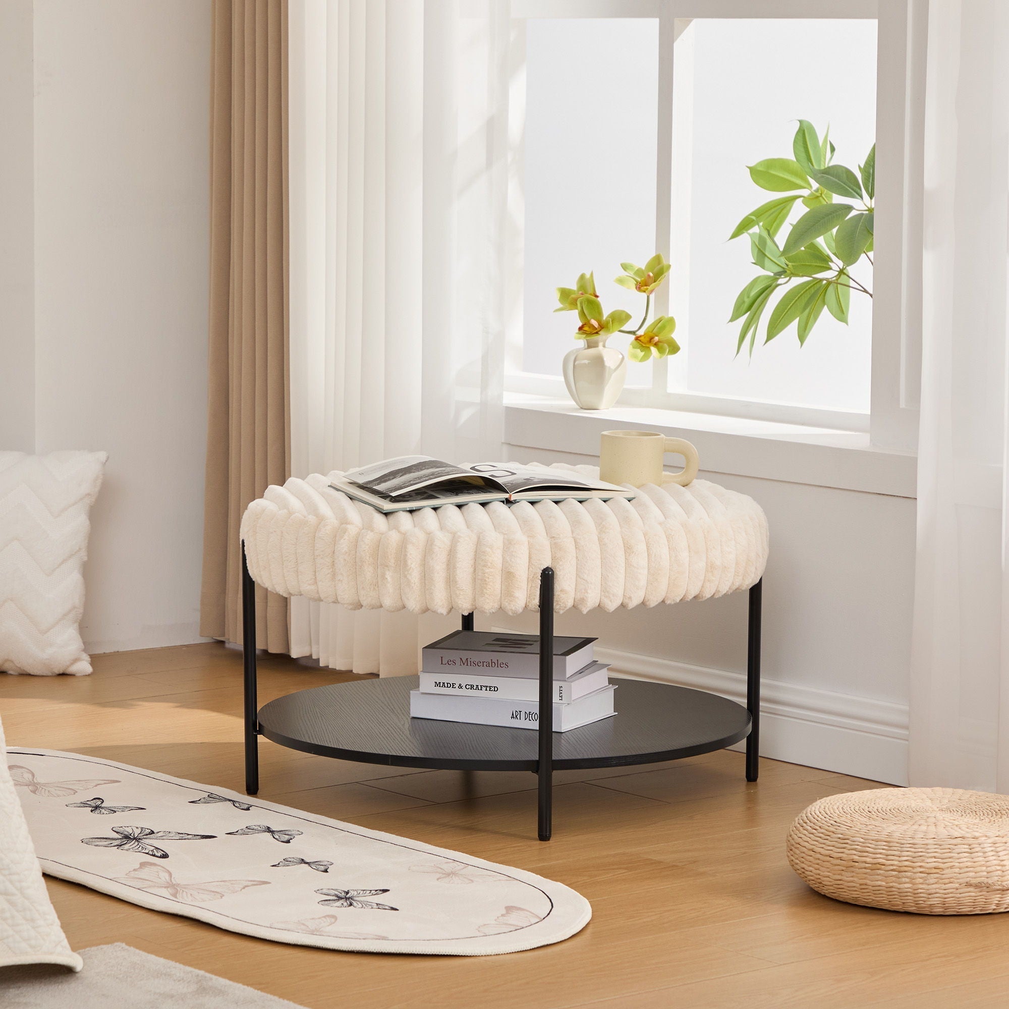 Modern Upholstered Round Ottoman Coffee Table With Storage Shelf