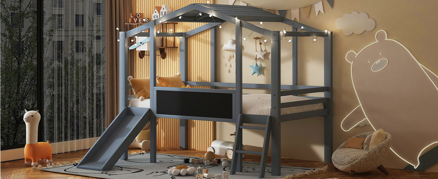 Loft House Bed With Ladder And Slide, With board And Light Strip On The Roof