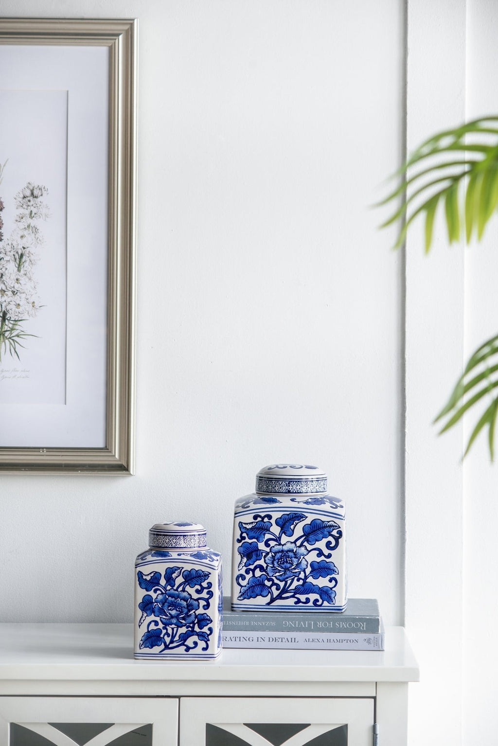 5x5x8' Hand Painted Square Canister with Blue and White Floral Pattern