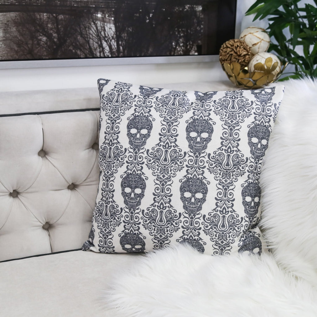 Gothic Damask Skull Throw Pillow – Black & White Cotton Linen