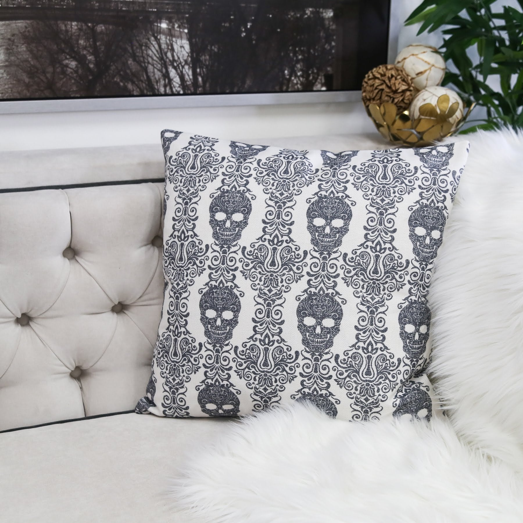 Gothic Damask Skull Throw Pillow – Black & White Cotton Linen