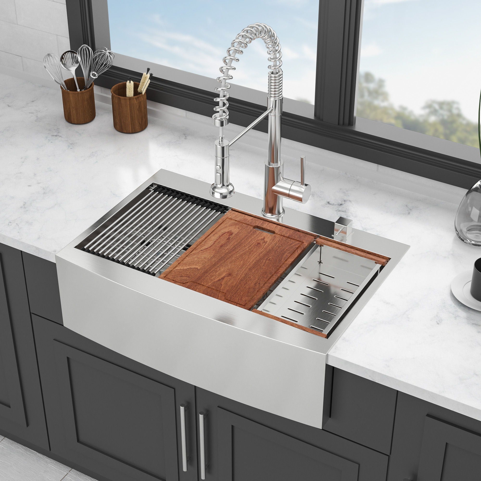 Modern Farmhouse Drop-In Workstation Kitchen Sink with Apron Front