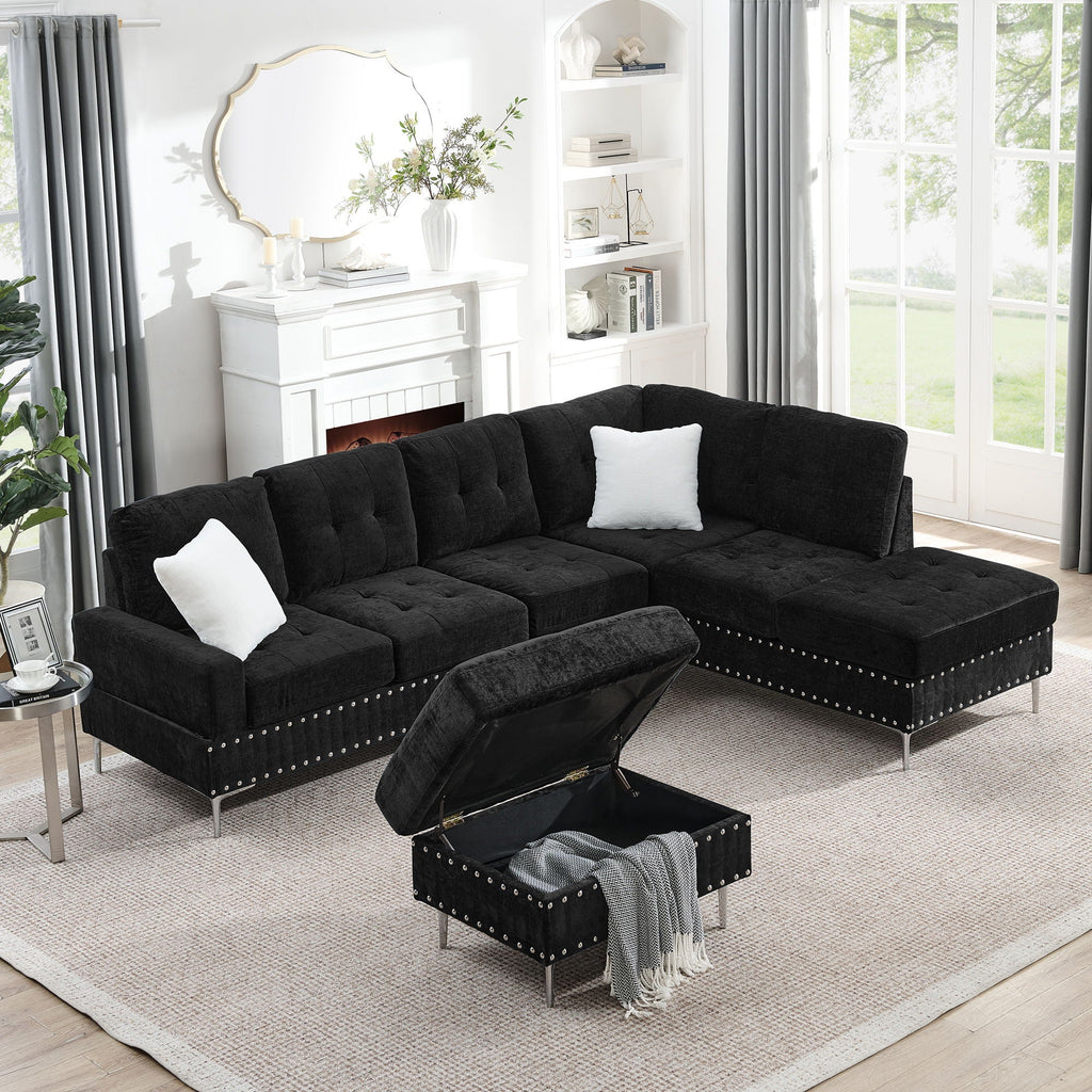 L-Shaped Sectional Sofa With Chaise And Storage Ottoman, Includes 2 Pillows
