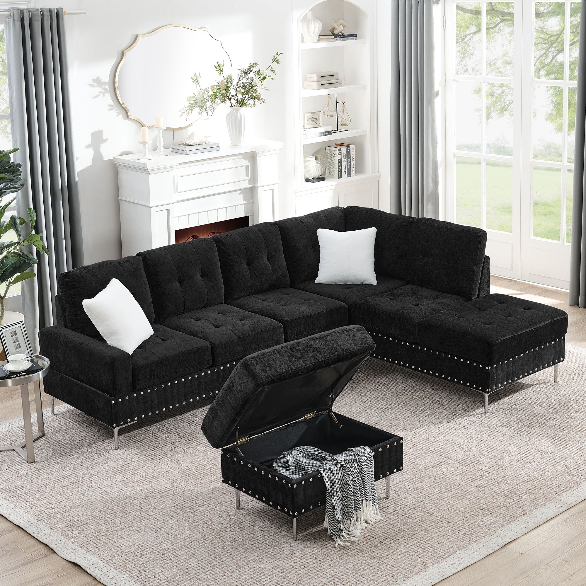 L-Shaped Sectional Sofa With Chaise And Storage Ottoman, Includes 2 Pillows