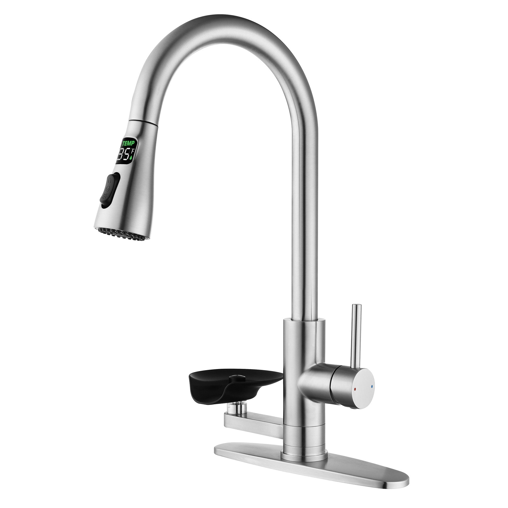 3-in-1 Kitchen Faucet with LED Temperature Display, Press-Type Glass Rinser, Pull-Down Sprayer, 3 Spray Modes, Brushed Nickel Finish, Stainless Steel Construction