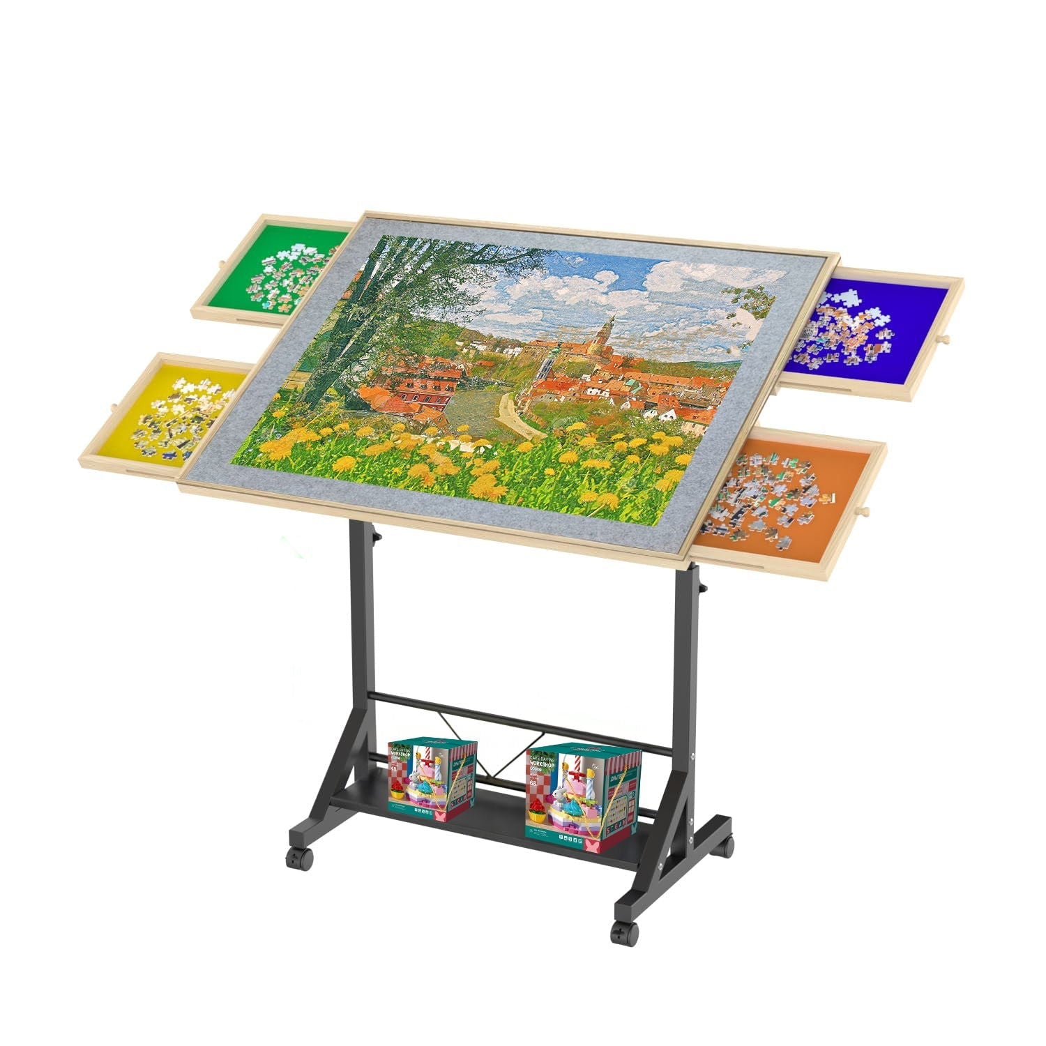 360 Degree Tilting Wooden Puzzle Table With Adjustable Height and Storage