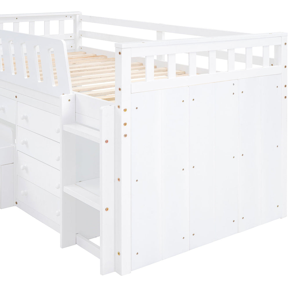 Loft Platform Bed With 7 Drawers And Full Guardrails, Modern L Shaped Space Savin
