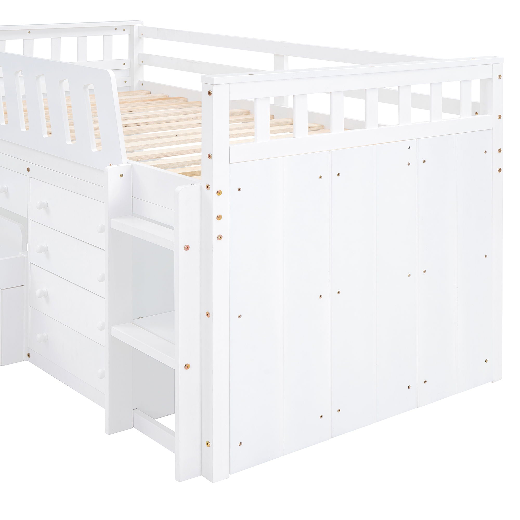 Loft Platform Bed With 7 Drawers And Full Guardrails, Modern L Shaped Space Savin