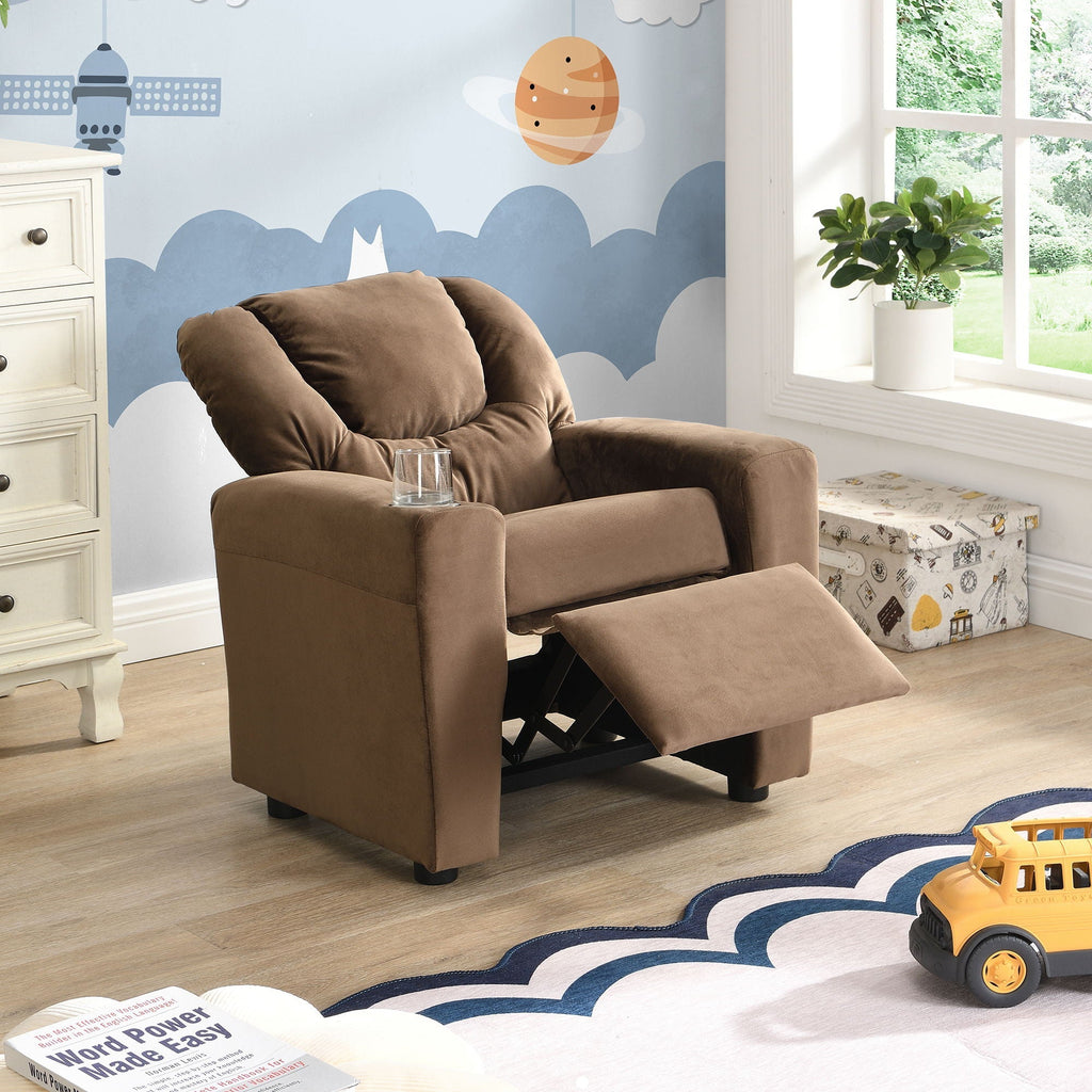 Kids Recliner Chair with Cup Holder - Brown Upholstered Couch