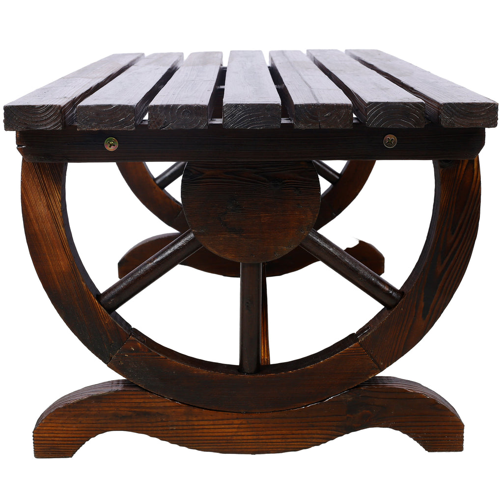Outdoor Rustic Wooden Bench with Wagon Wheel Legs