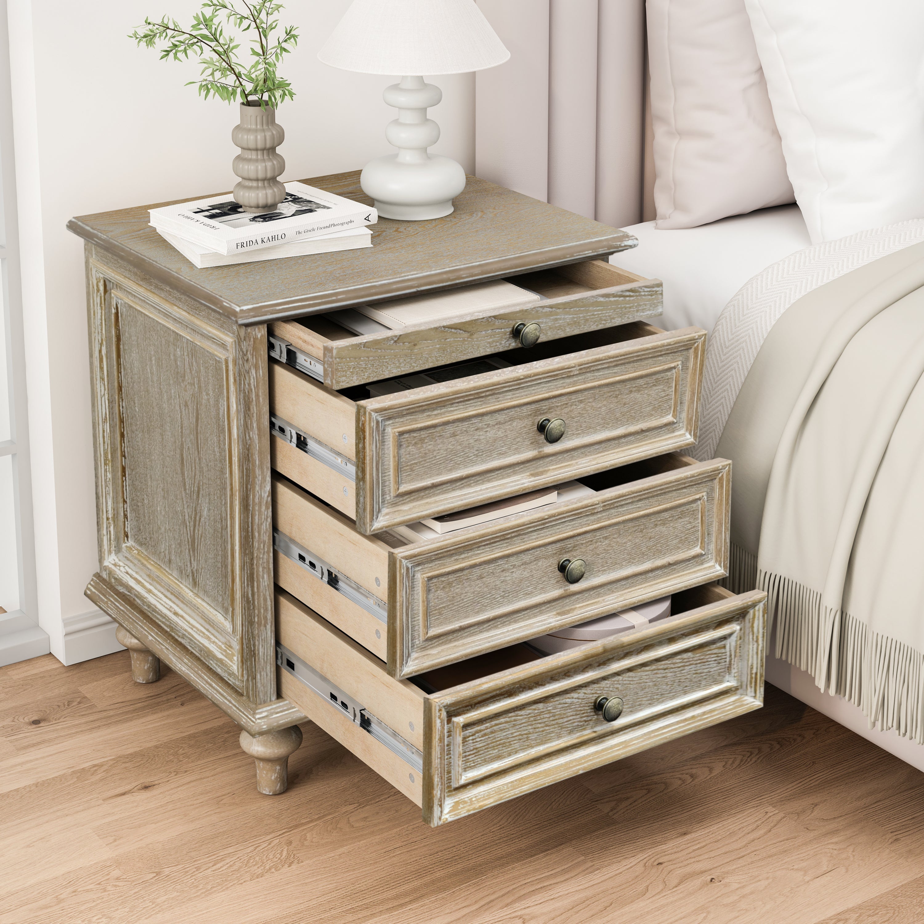 Farmhouse Nightstands with 4 Drawers and Pull-Out Shelf