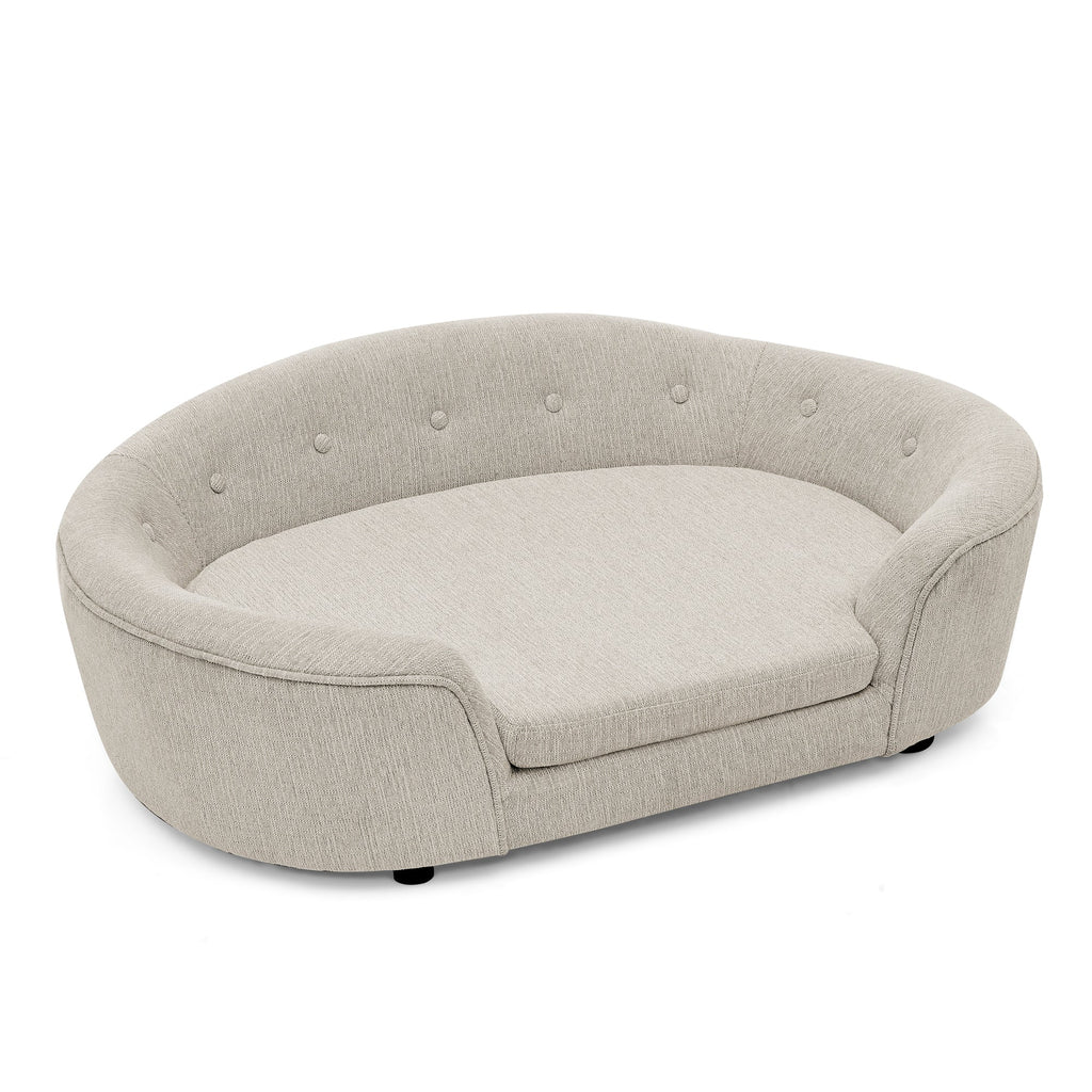 OVERSIZED Size Oval Semi-Enclosed Dog Sofa - Durable Linen Material, Button-Tufted Backrest, High-Center Low-Sides Support & Plush Comfort-Beige
