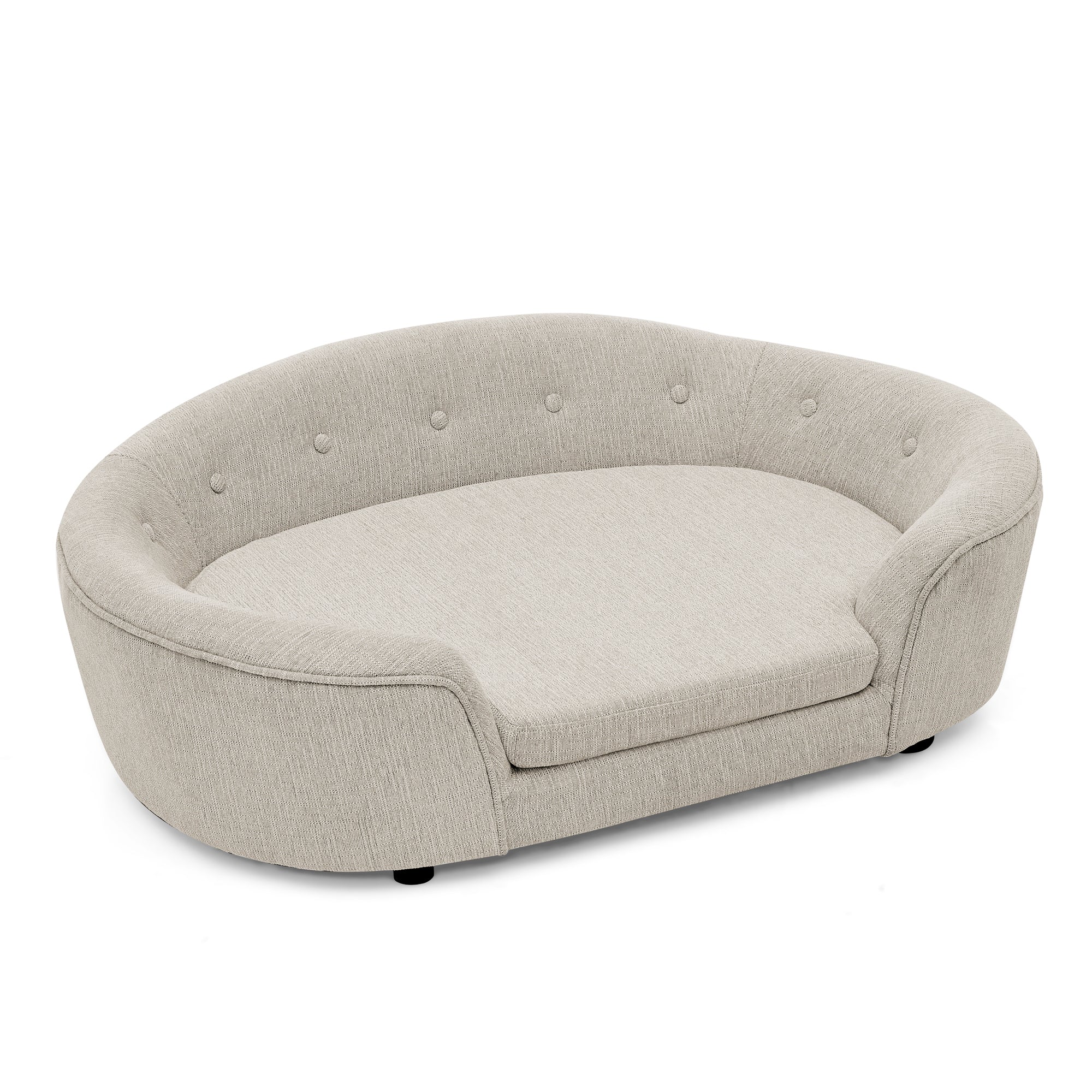 OVERSIZED Size Oval Semi-Enclosed Dog Sofa - Durable Linen Material, Button-Tufted Backrest, High-Center Low-Sides Support & Plush Comfort-Beige