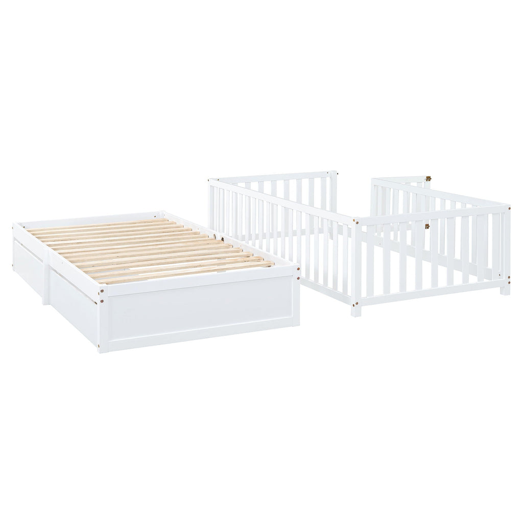 Daybed With Fence Guardrails And 2 Drawers, Split Into Independent Floor Bed & Daybed