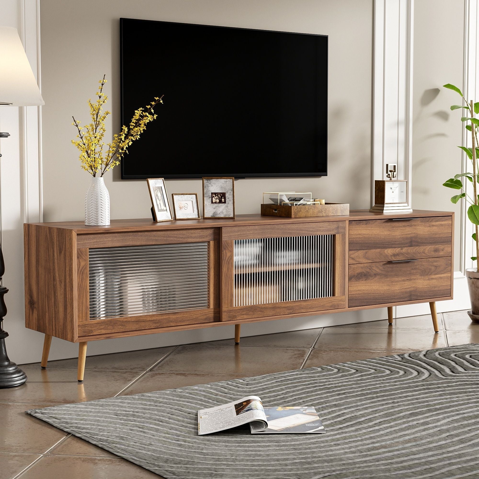 TV Stand Media Console With 2 Doors, 2 Drawers & Storage Cabinet - Walnut