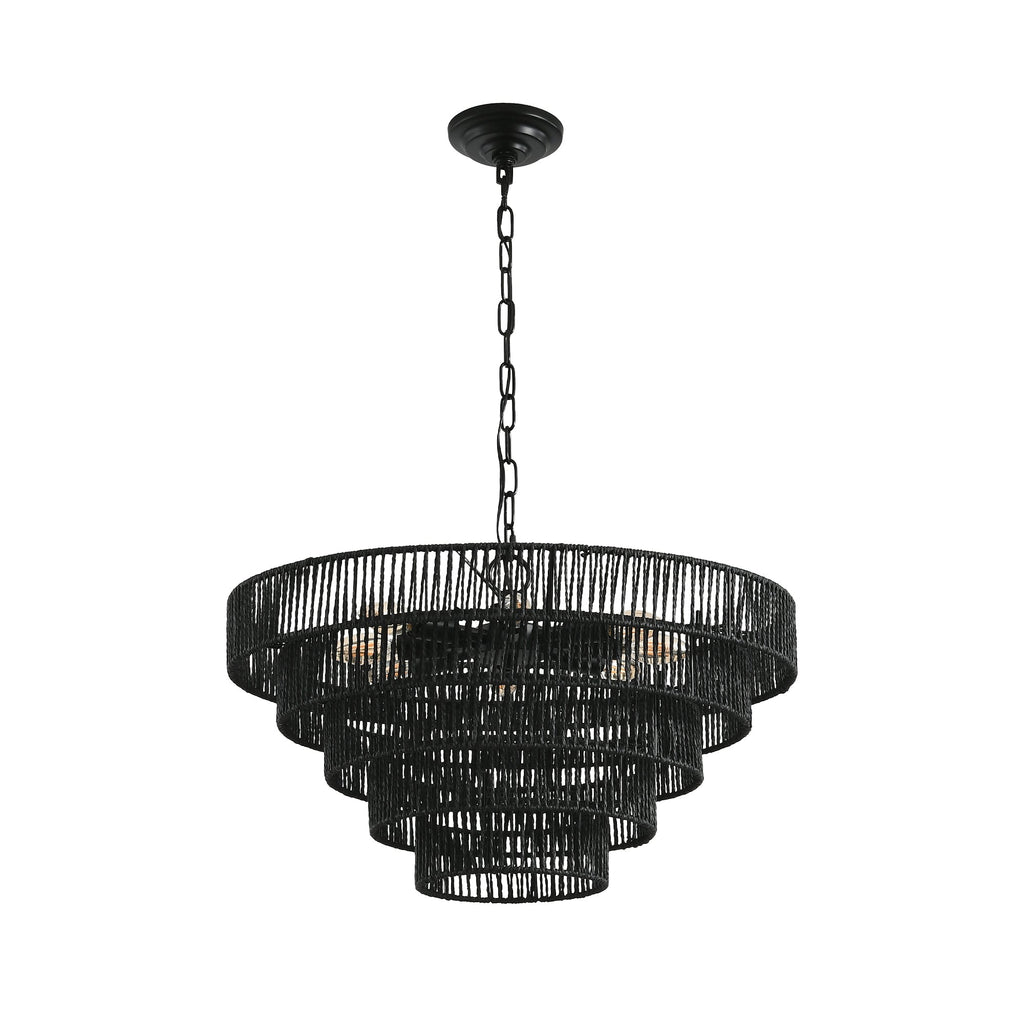24" Rustic 5-Tier Black Hemp Rope Pendant Light Chandelier