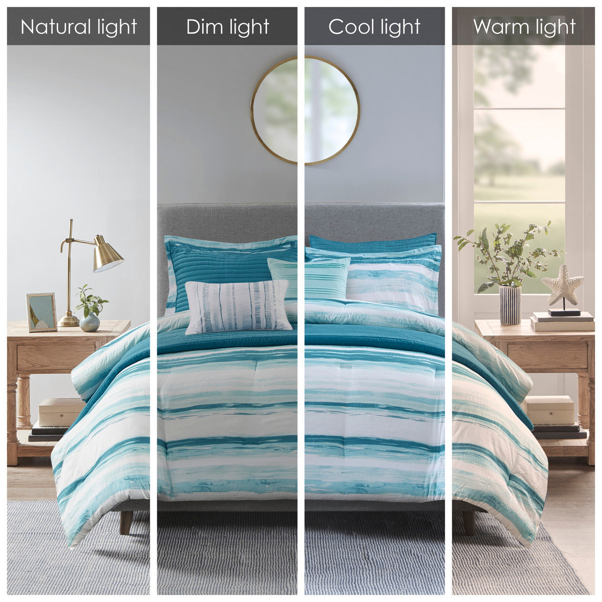 8 Piece Printed Seersucker Comforter and Quilt Set Collection Aqua Full/Queen