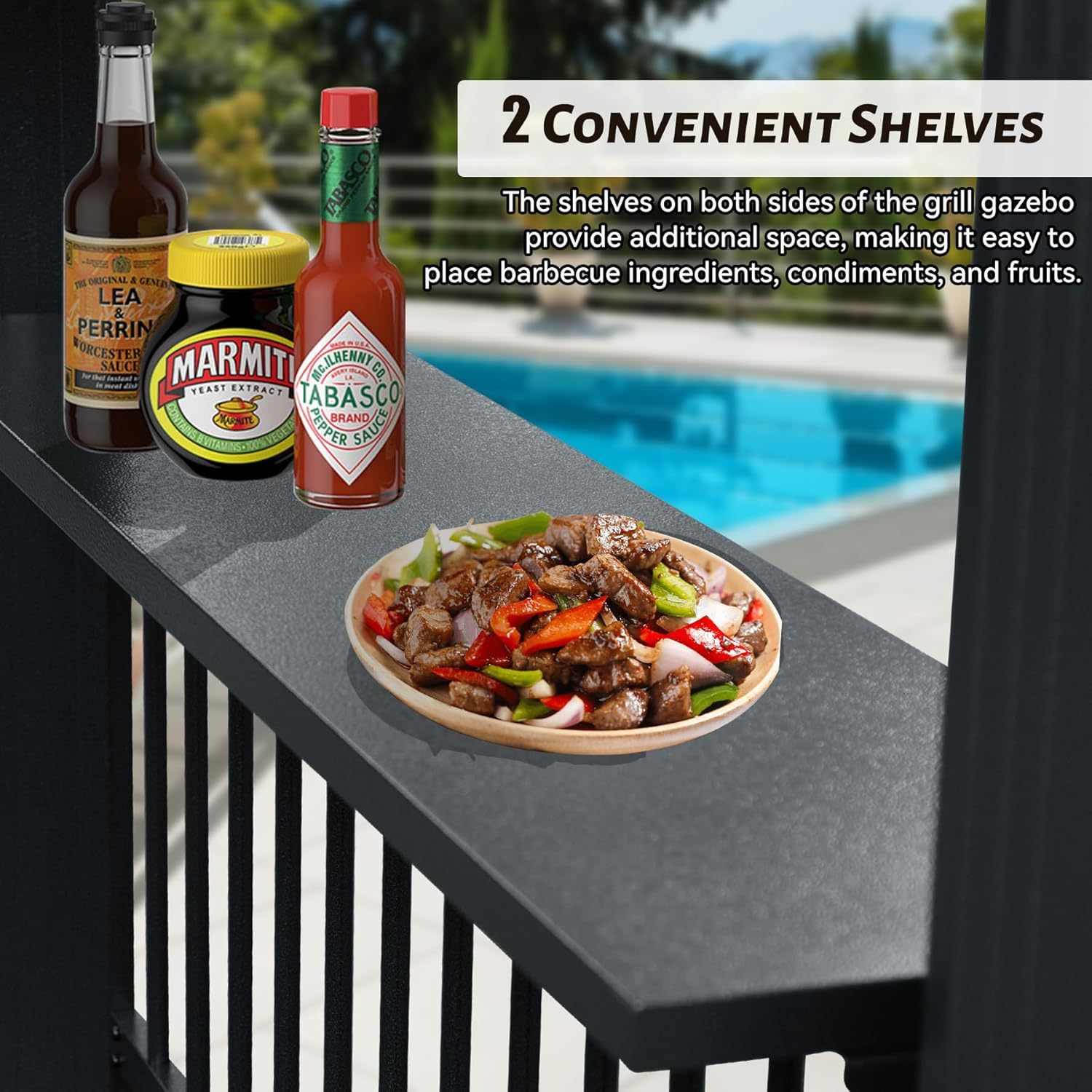 6.5x12FT Hardtop Grill Gazebo with Side Shelves and Steel Roof