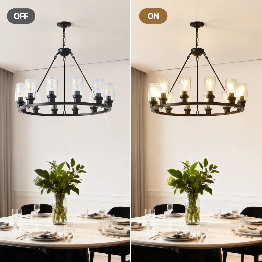 Black Wagon Wheel Chandelier 31.5 Inch Modern Farmhouse Pendant Light