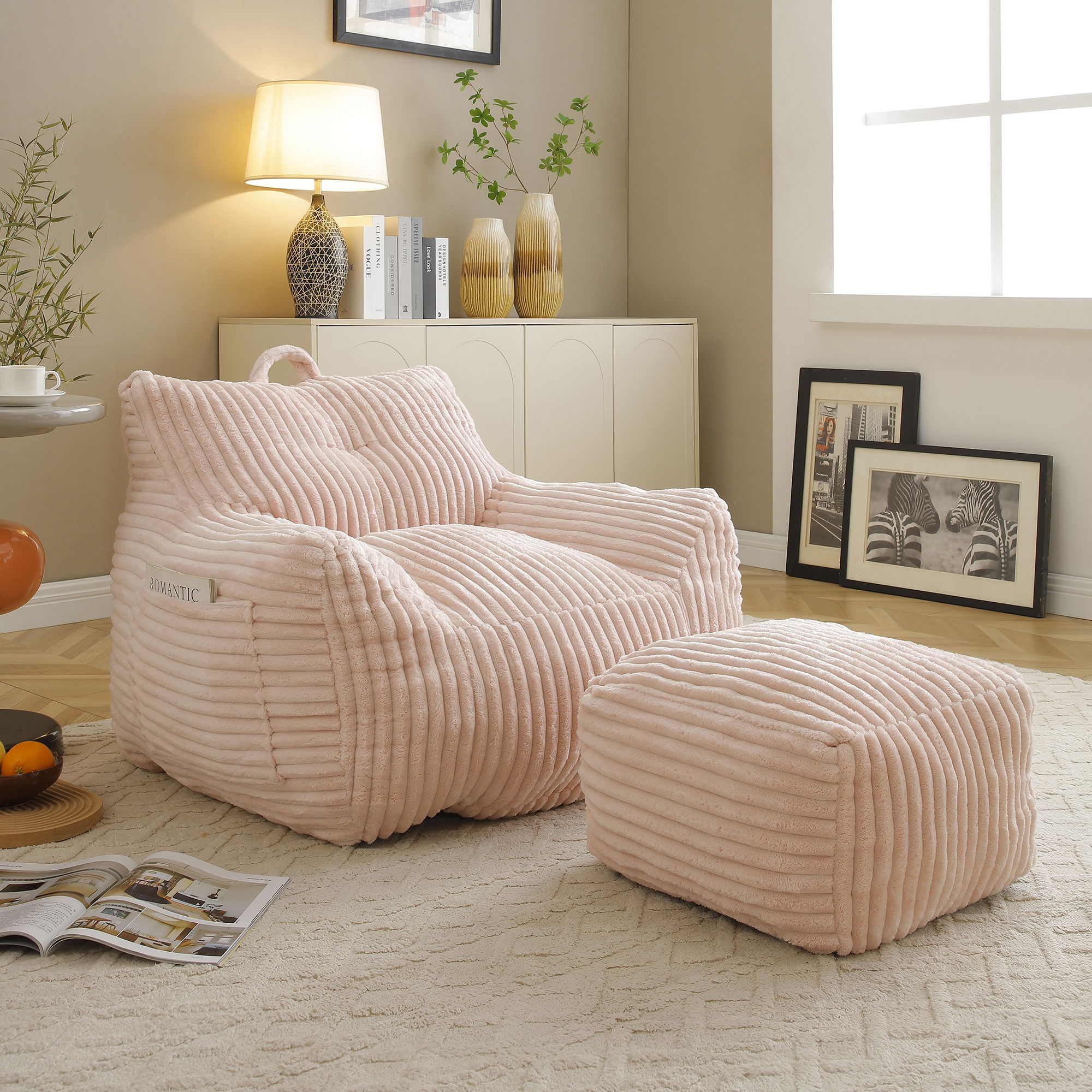 Giant Bean Bag Chair With Armrests And Footstool
