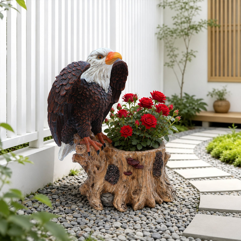 Majestic Eagle Garden Planter Pot on Tree Stump Base