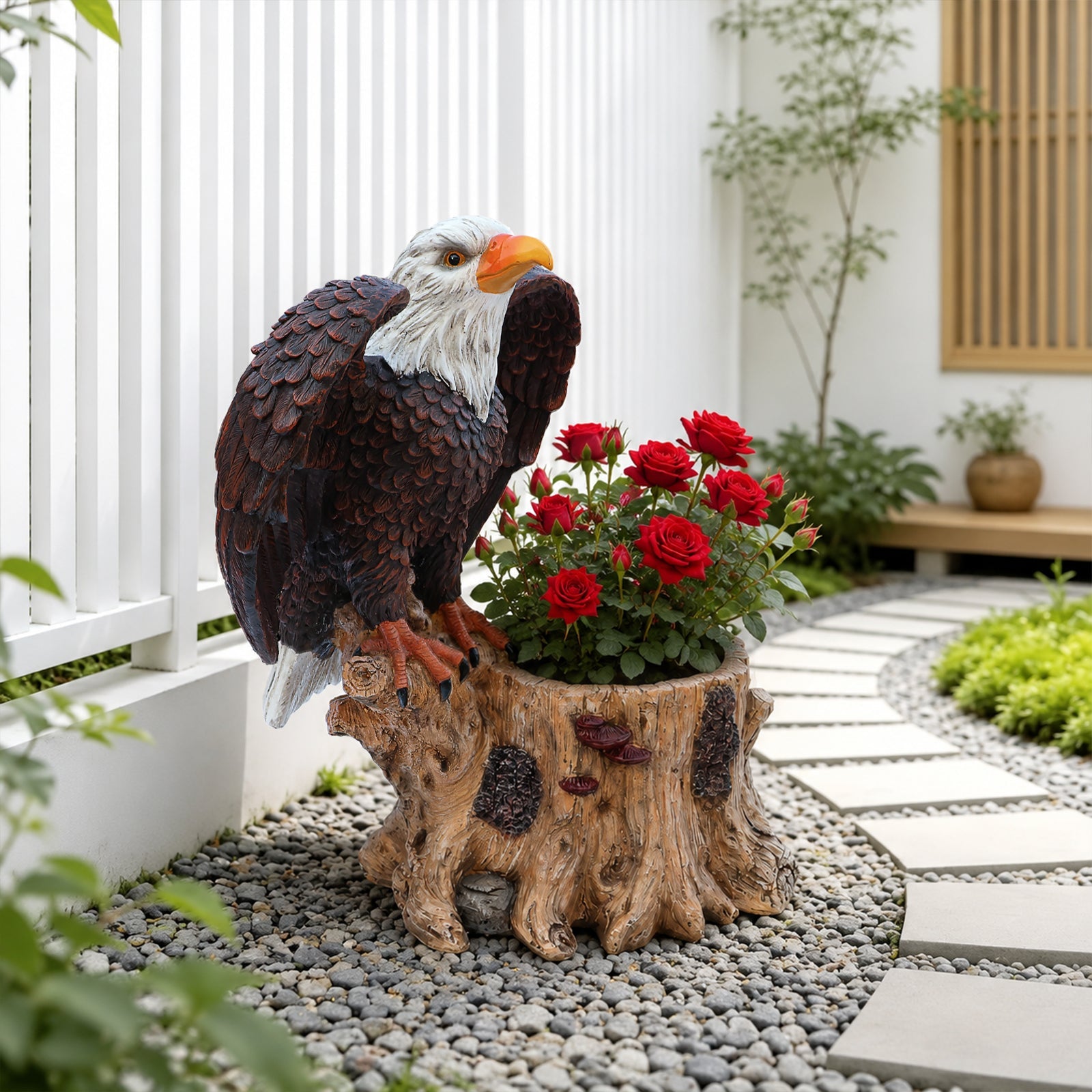 Majestic Eagle Garden Planter Pot on Tree Stump Base