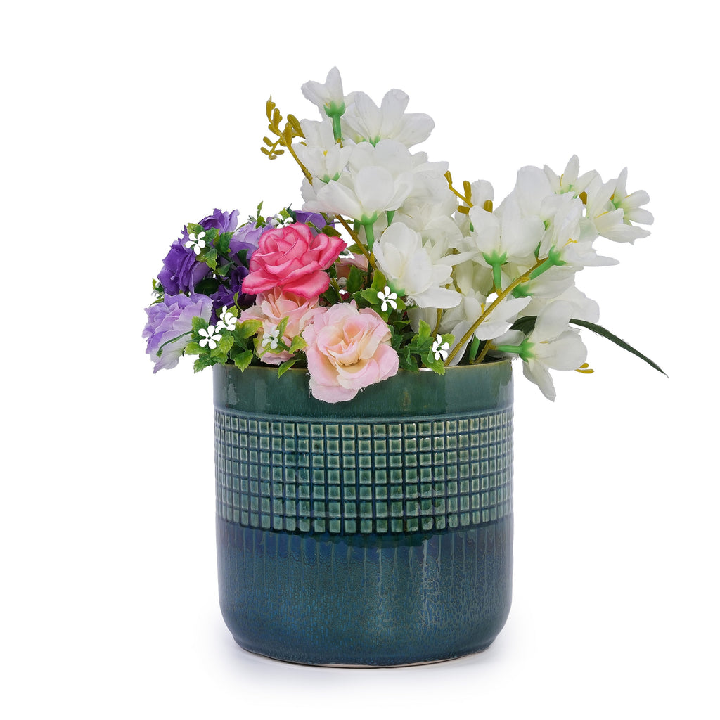 Set of 3 Grid Ceramic Flowerpot, Modern Planter for Patio, Garden, Windowsill - Blue Green