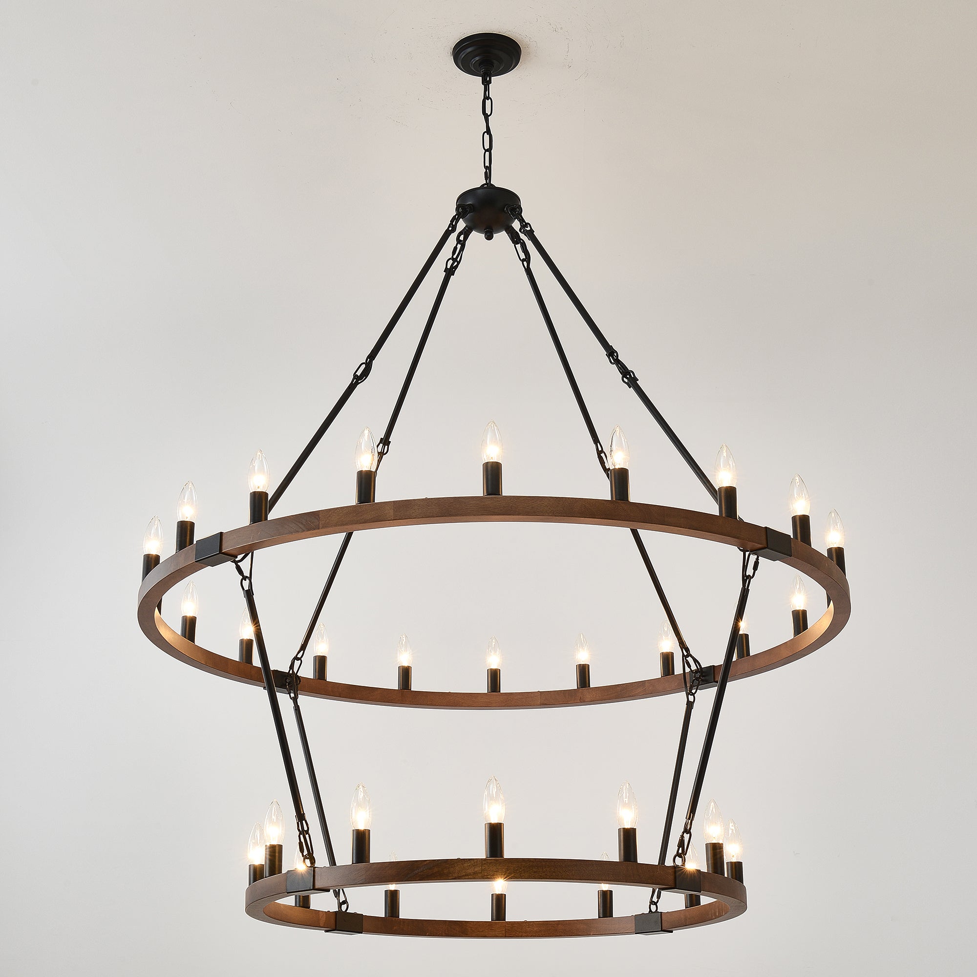 Large Solid Wood Wagon Wheel Chandelier, 2-Tier 32-Lights