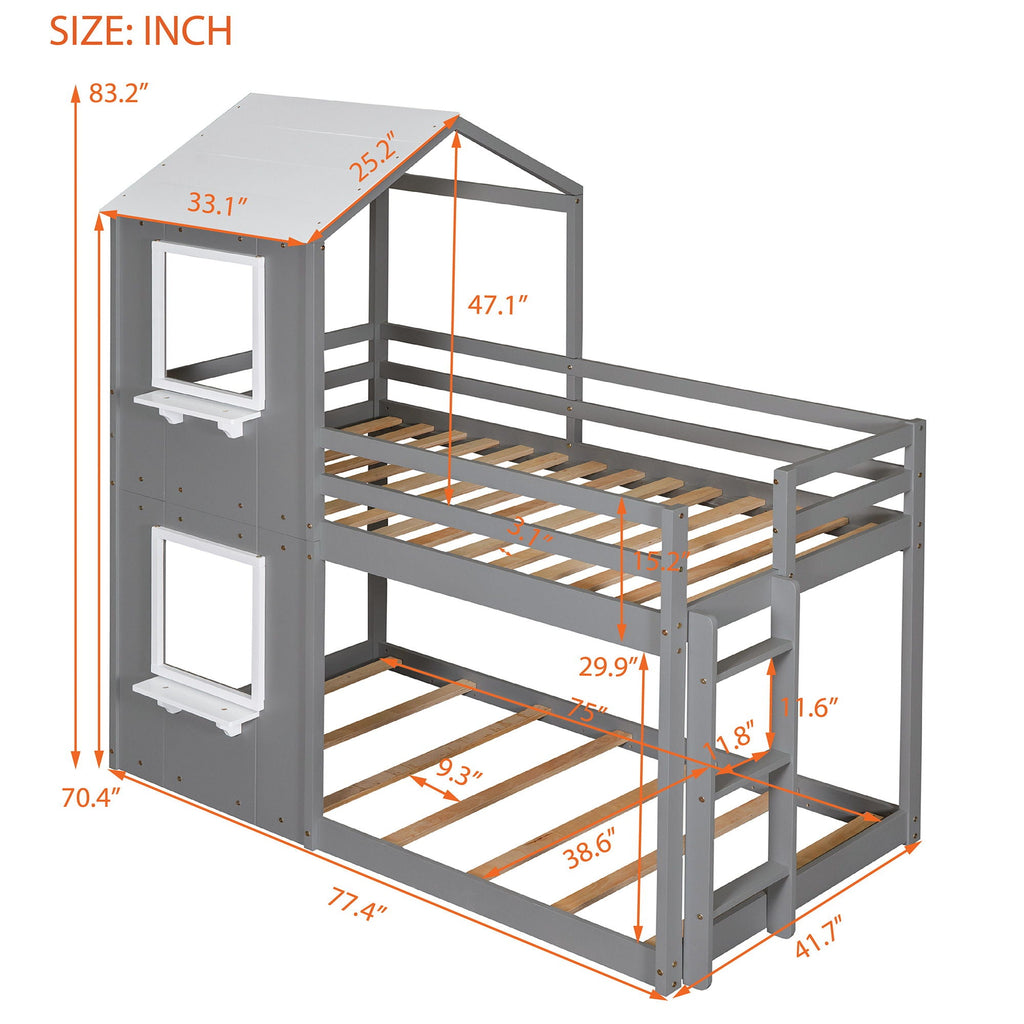 Bunk Bed Wood Bed & Roof, Window, Guardrail, Ladder