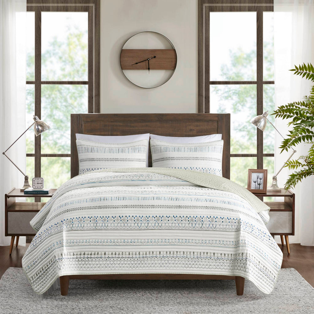 3 Piece Seersucker Quilt Set Taupe Blue King Cal King