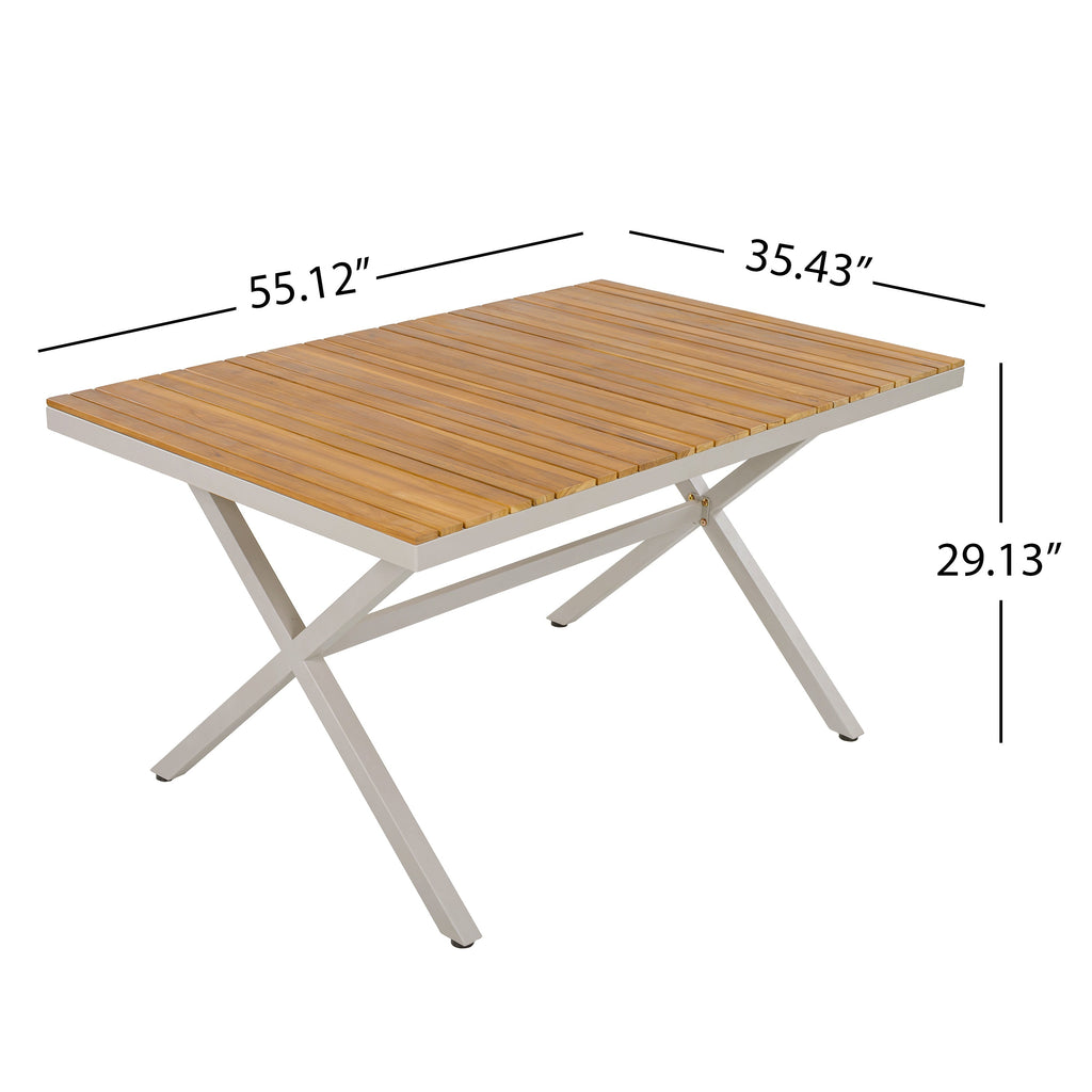 Outdoor 7-Piece Dining Set - Rectangular Teak Wood Table + 6 Wicker Chairs with Cushions