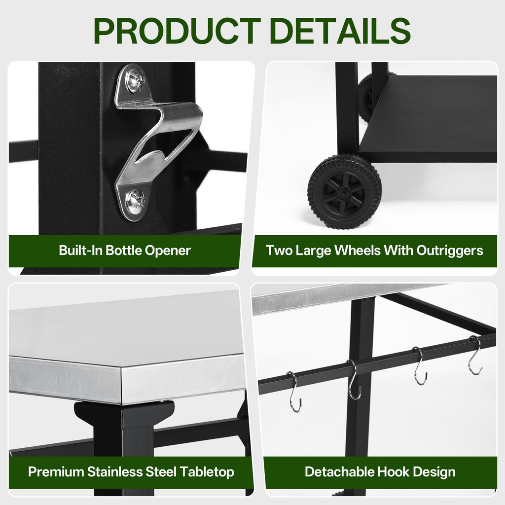 2-Tier Outdoor Grill Cart with Stainless Steel Top, Large Wheels & Tool Hooks