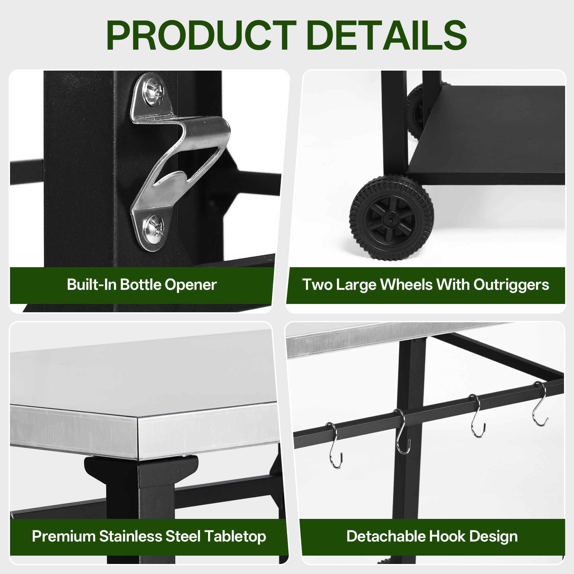 2-Tier Outdoor Grill Cart with Stainless Steel Top, Large Wheels & Tool Hooks