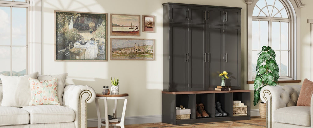 Farmhouse Hall Tree with 4 Hidden Hanging Hooks and Storage Bench