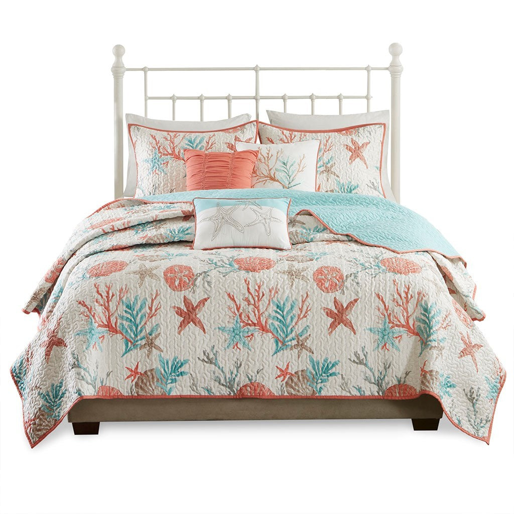 6 Piece Cotton Sateen Quilt Set with Throw Pillows Coral Full/Queen