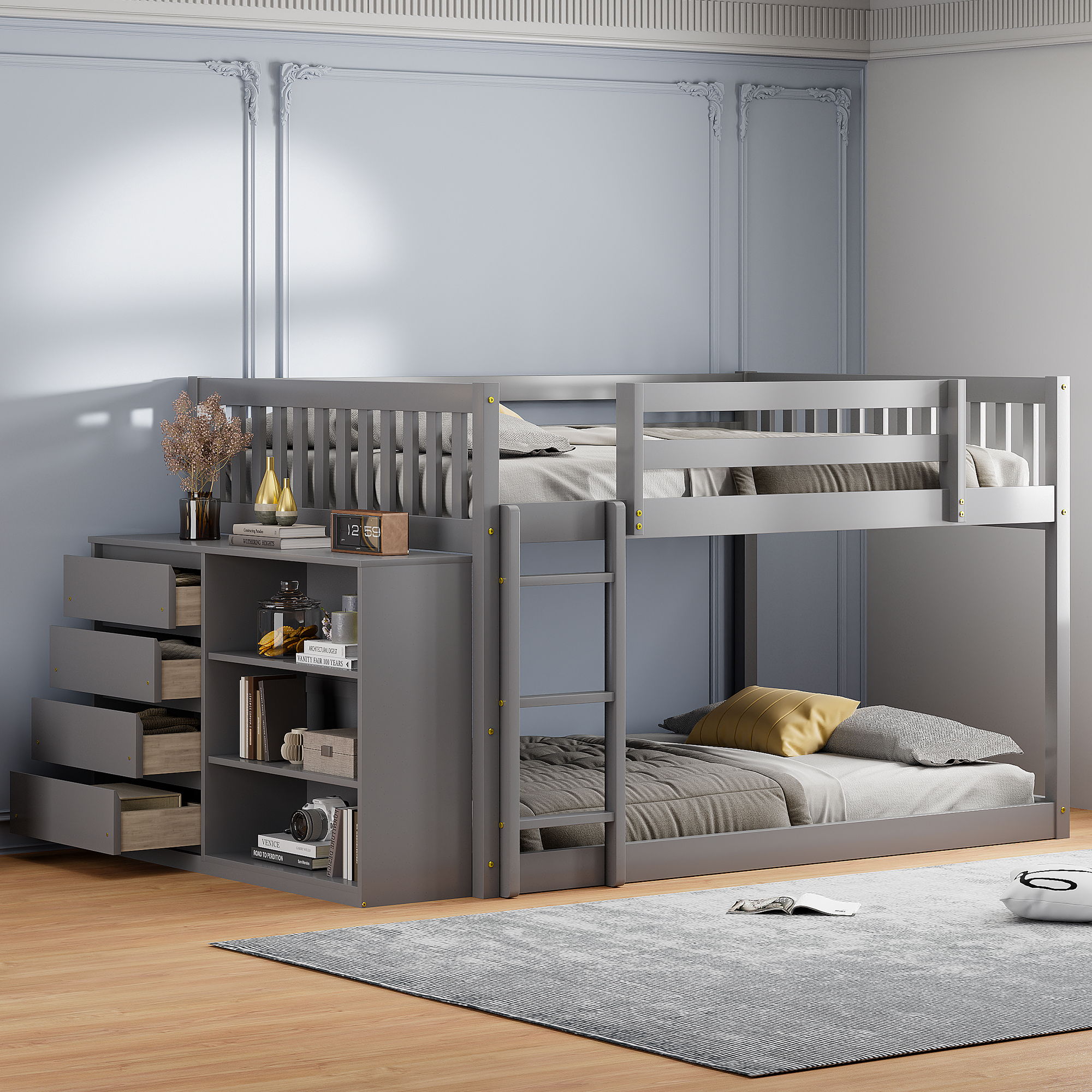 Bunk Bed With 4 Drawers and 3 Shelves